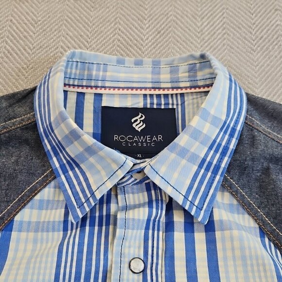 Rocawear Western Shirt Men's XL Blue Plaid Pearl Snap Denim Patches Classic EUC - Picture 4 of 12